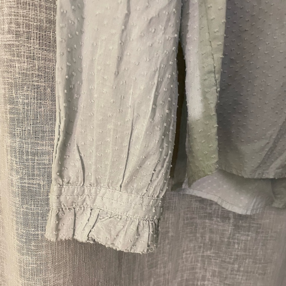 J. Crew Soft Gray Ruffle Trim Clip Dot Blouse, Size S - Picture 3 of 6